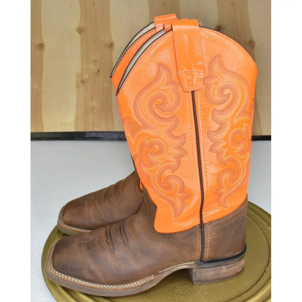 Old West Unisex Youth Boots Size 3.5 D Western Brown/Orange Embroidered